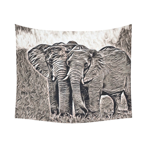 Rustic Style - Elephants by JamColors Cotton Linen Wall Tapestry 60"x 51"