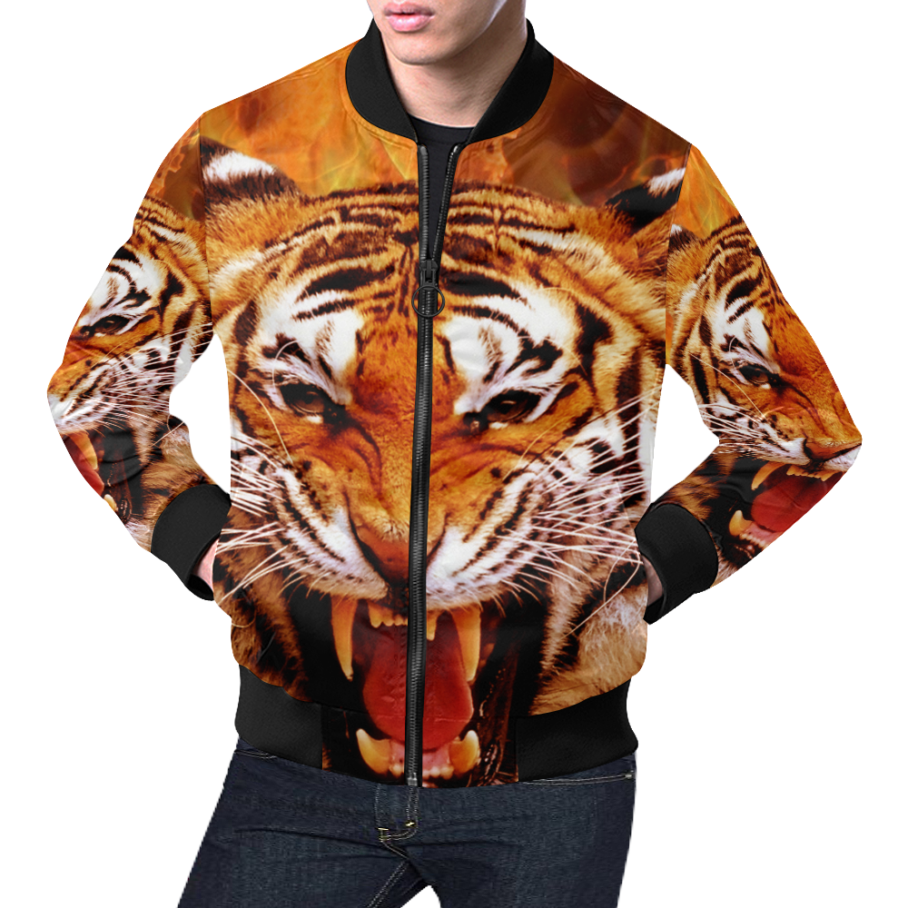 Tiger and Flame All Over Print Bomber Jacket for Men (Model H19)