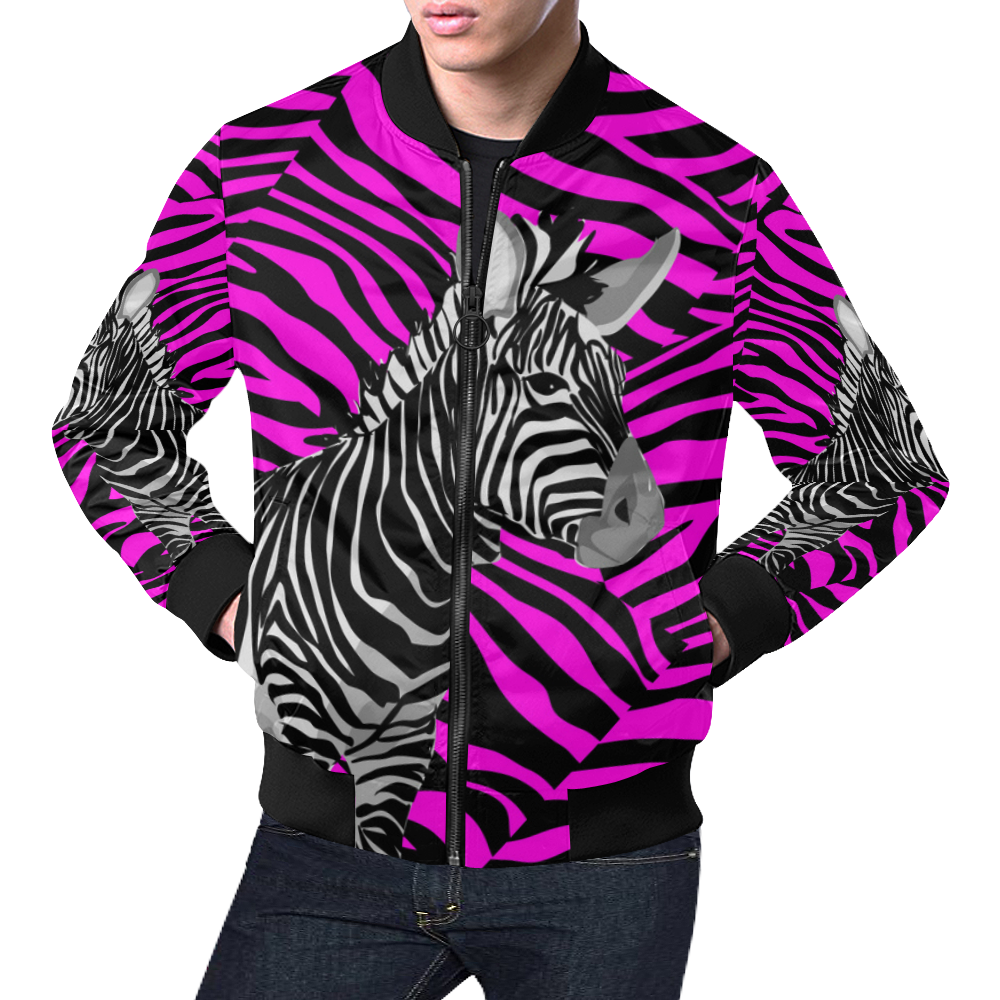 Skeptically looking ZEBRA on Pink Zebra Stripes All Over Print Bomber Jacket for Men (Model H19)