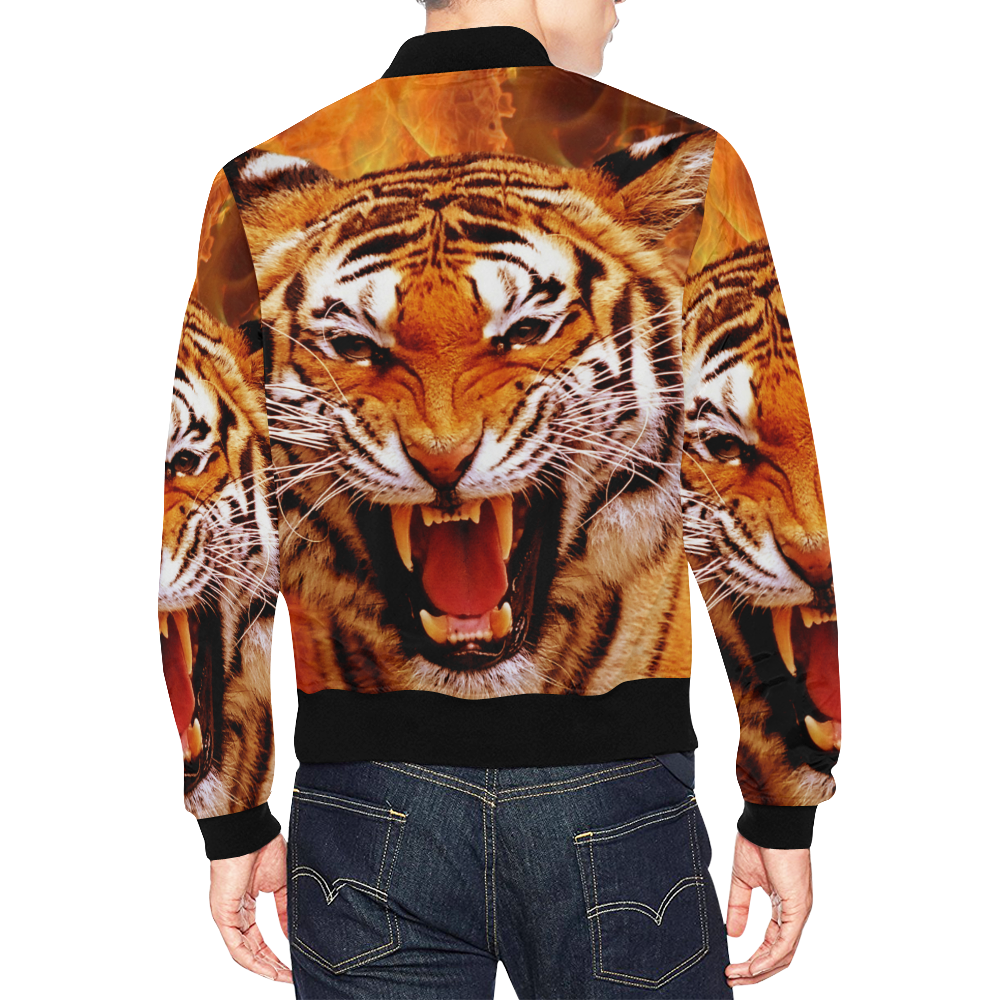 Tiger and Flame All Over Print Bomber Jacket for Men (Model H19)
