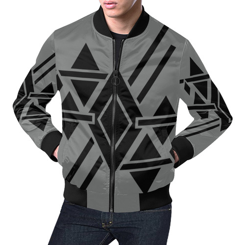 Black Geometric Art Stripes Triangles Rhombuses All Over Print Bomber Jacket for Men (Model H19)