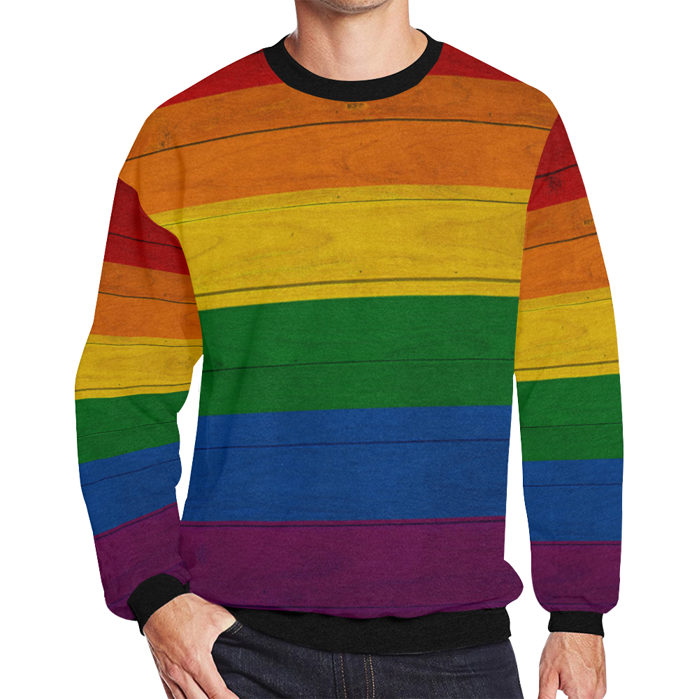 Rainbow Flag Colored Stripes Wood Men's Oversized Fleece Crew Sweatshirt (Model H18)