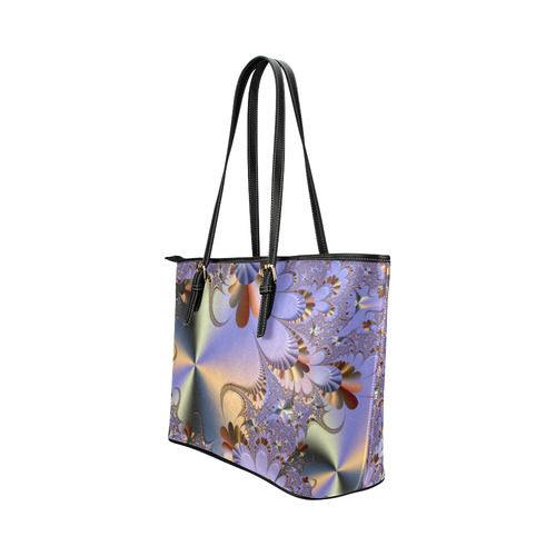 TWIGISLE Fractal flowers and purple metallic shine Leather Tote Bag/Small (Model 1651)