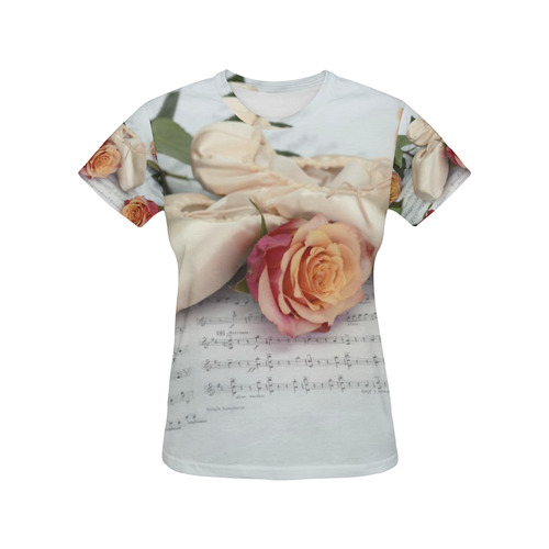 Womens T-Shirt Ballet Shoes Pink Roses All Over Print T-Shirt for Women (USA Size) (Model T40)