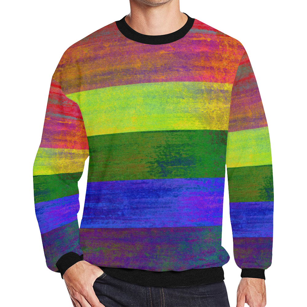 Rainbow Flag Colored Stripes Dark Grunge Men's Oversized Fleece Crew Sweatshirt/Large Size(Model H18)