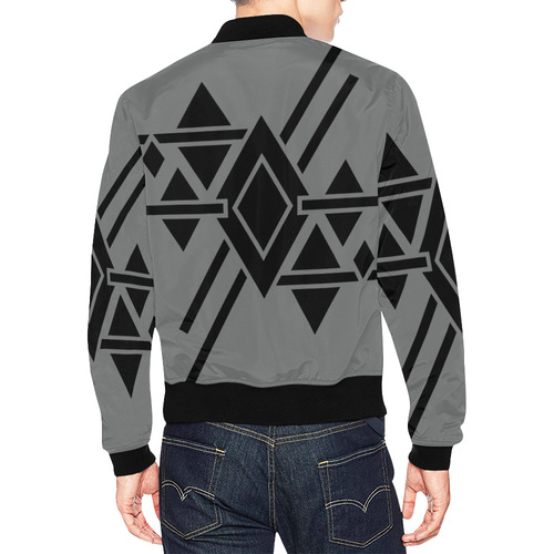 Black Geometric Art Stripes Triangles Rhombuses All Over Print Bomber Jacket for Men (Model H19)