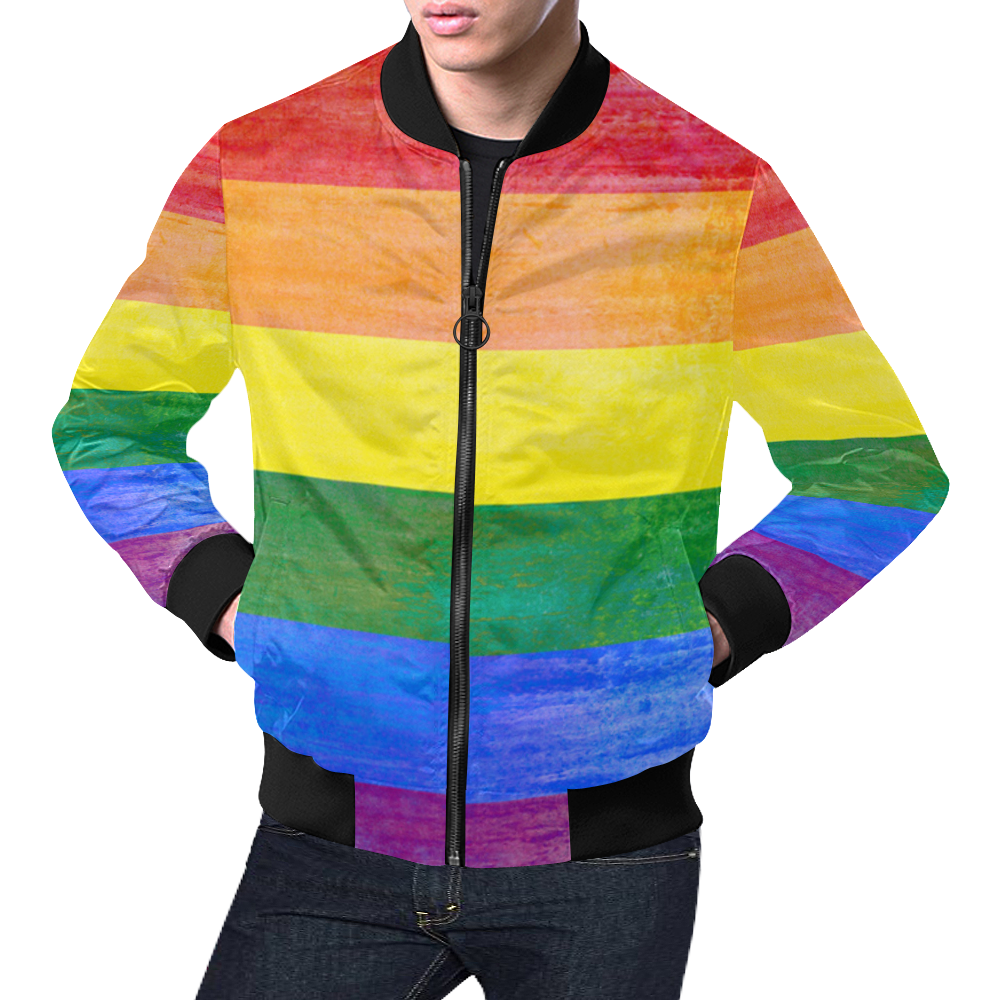 Rainbow Flag Colored Stripes Grunge All Over Print Bomber Jacket for Men (Model H19)