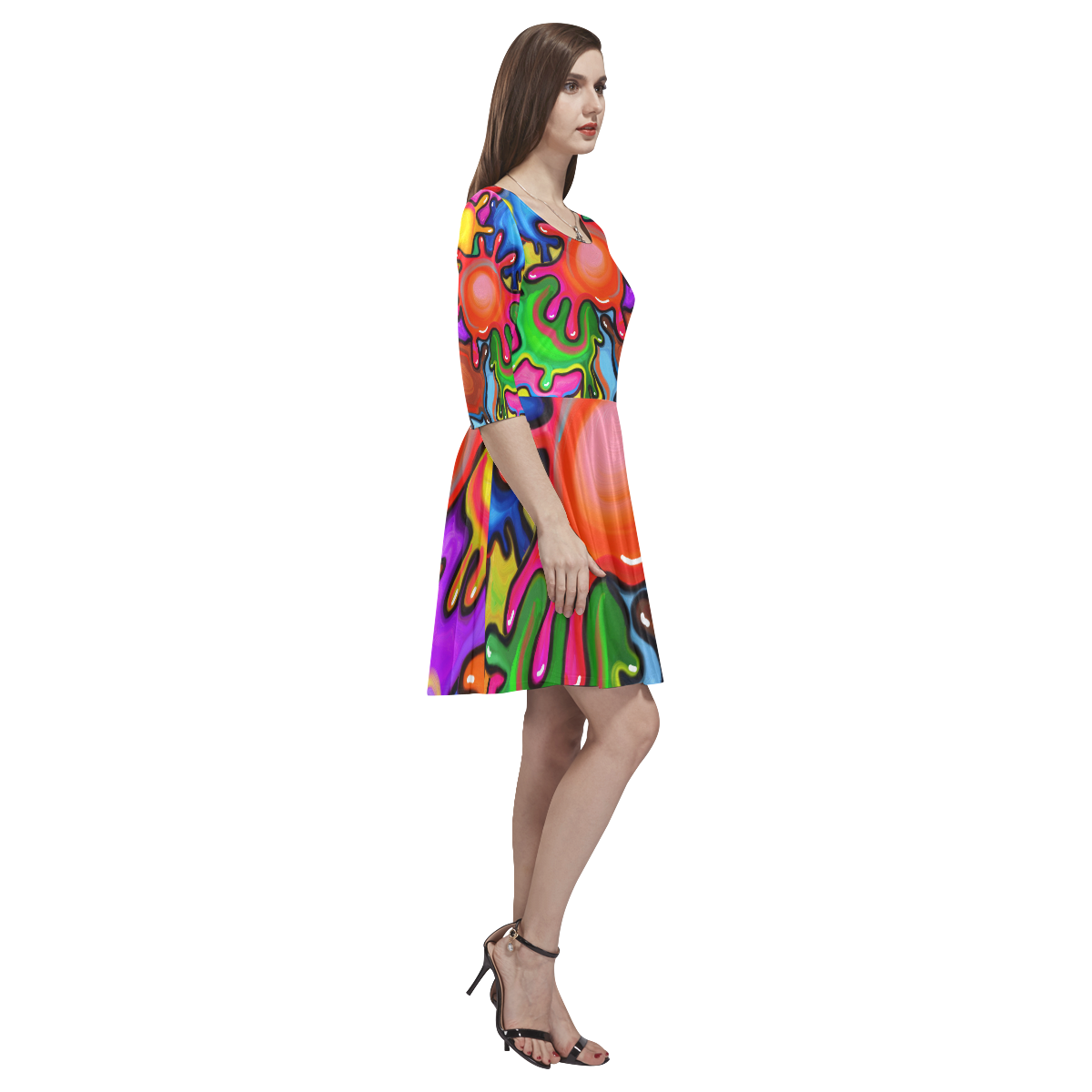 Vibrant Abstract Paint Splats Tethys Half-Sleeve Skater Dress(Model D20)