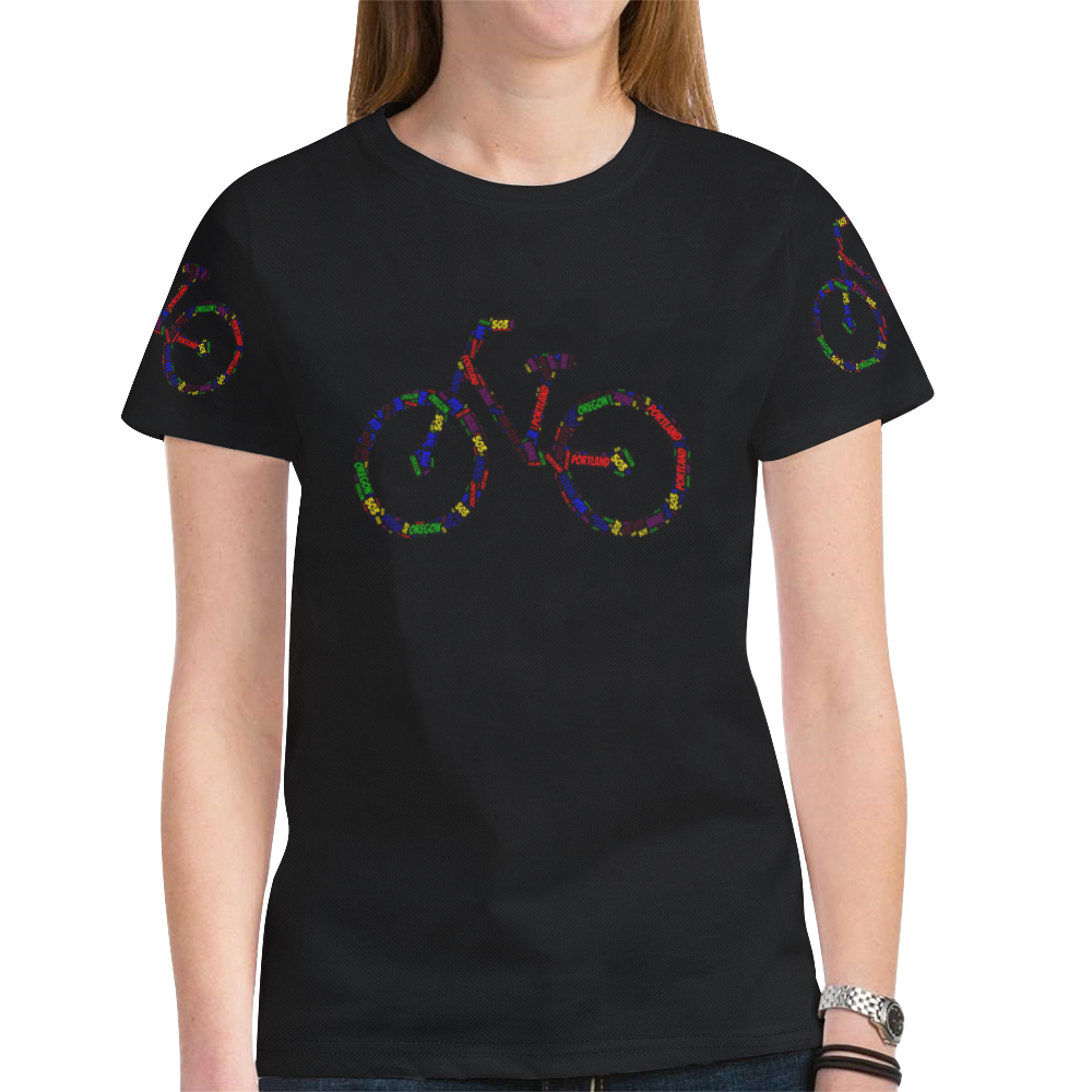 Womens T-Shirt Short Sleeve Black S, M, L, XL Colorful Portland Bikes New All Over Print T-shirt for Women (Model T45)