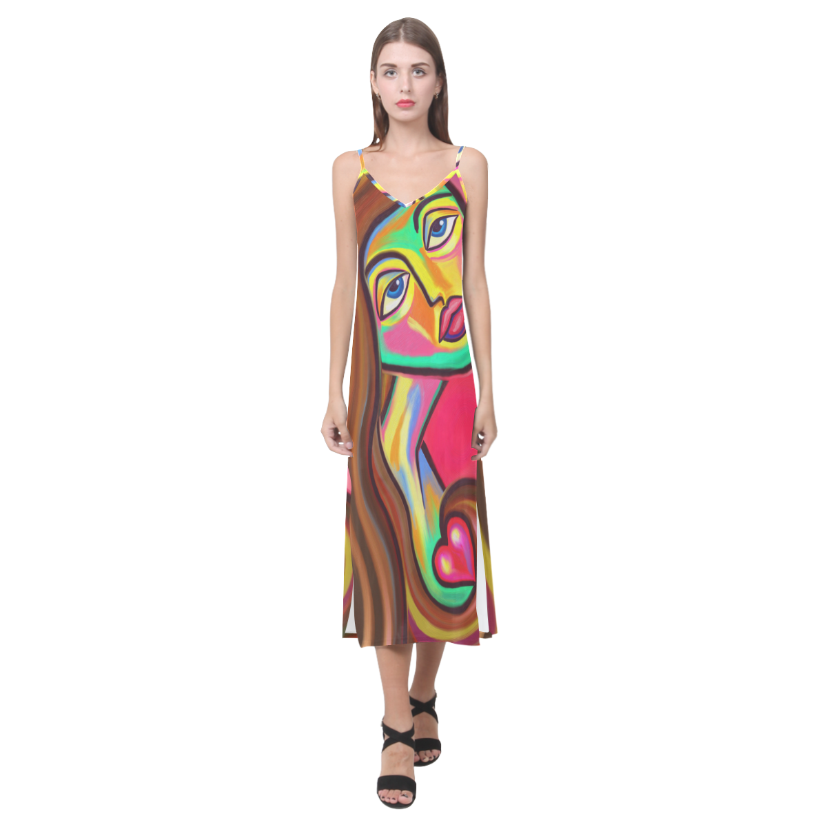 Love is Near Vibrant Portrait V-Neck Open Fork Long Dress(Model D18)