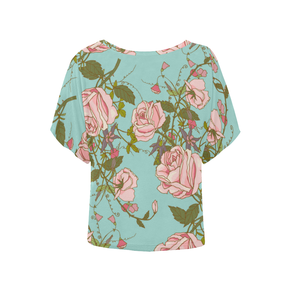 all print women's blouse pink roses with teal background Women's Batwing-Sleeved Blouse T shirt (Model T44)