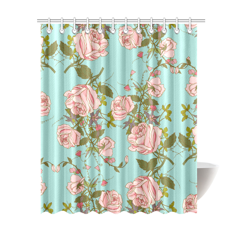 Shower curtain with pink roses and teal background Shower Curtain 69"x84"