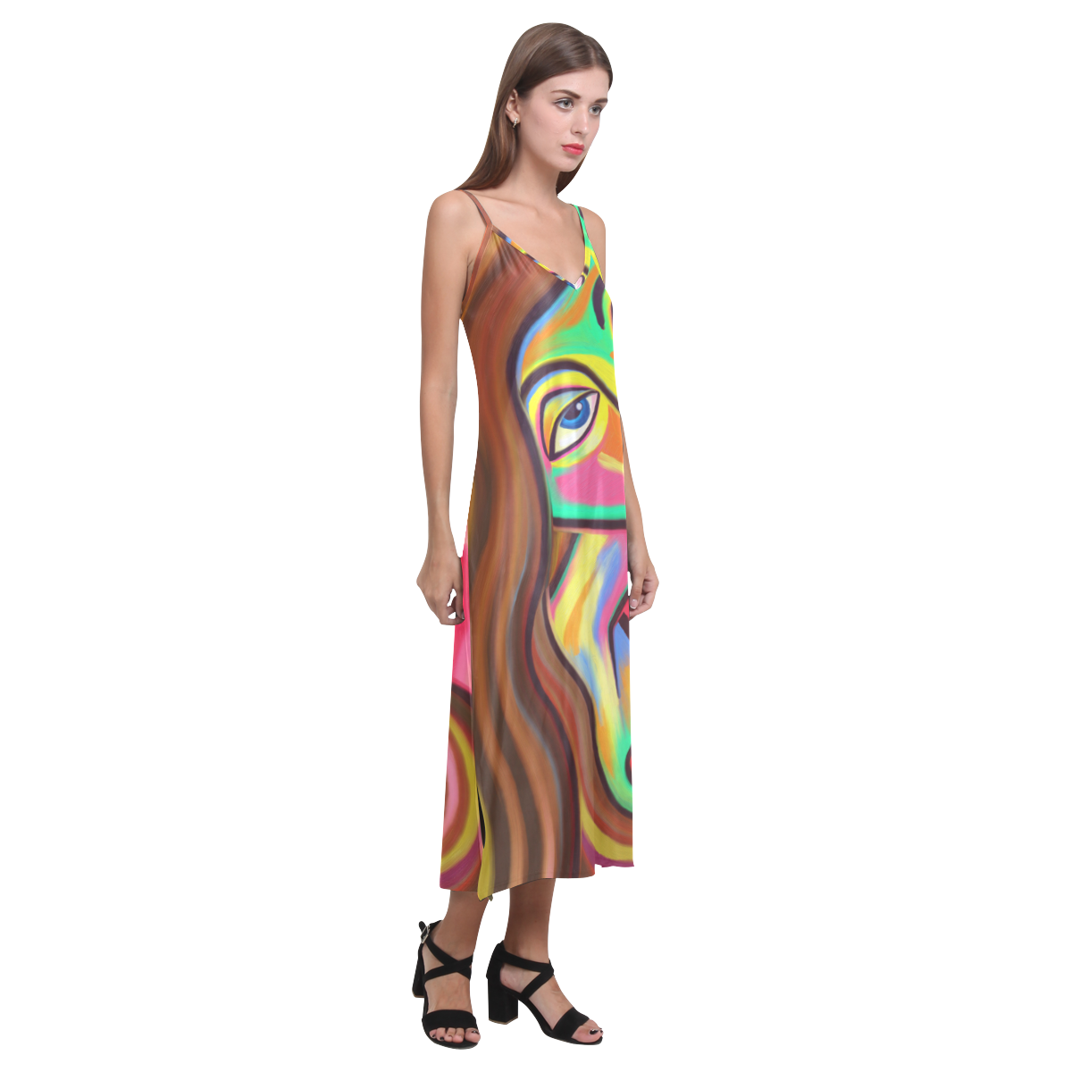 Love is Near Vibrant Portrait V-Neck Open Fork Long Dress(Model D18)