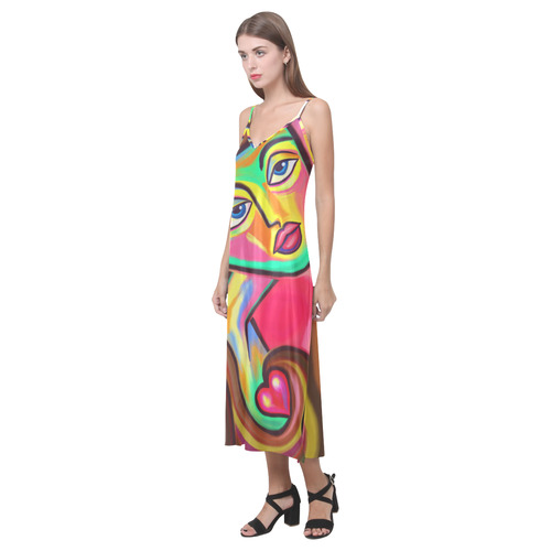 Love is Near Vibrant Portrait V-Neck Open Fork Long Dress(Model D18)