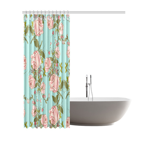 Shower curtain with pink roses and teal background Shower Curtain 69"x84"