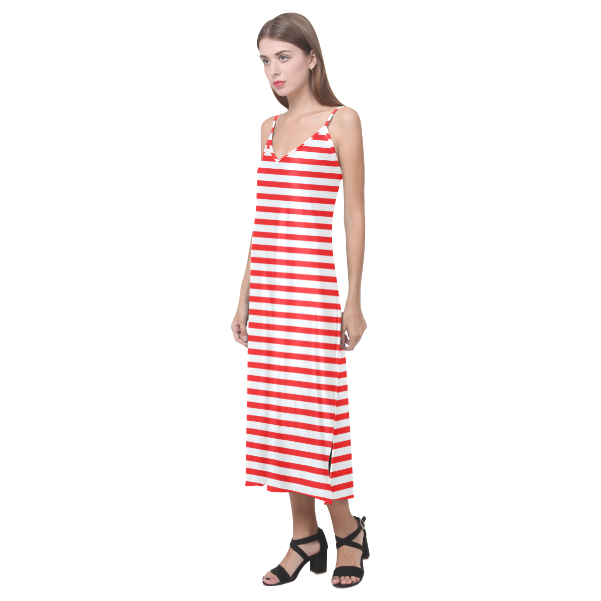 Horizontal Red Candy Stripes V-Neck Open Fork Long Dress(Model D18)