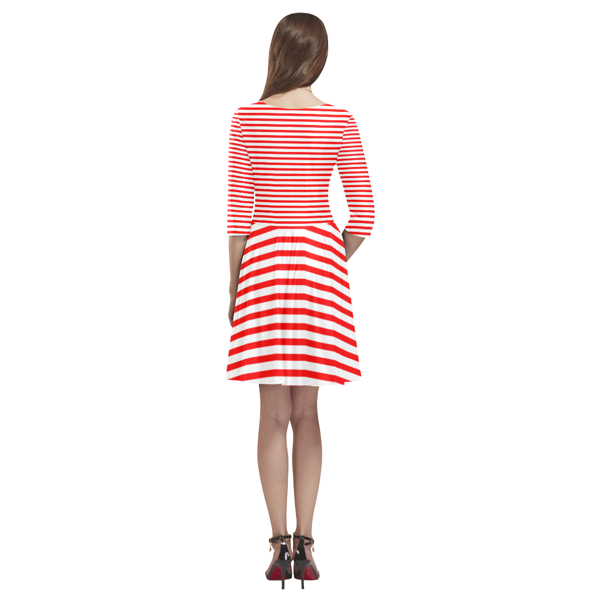 Horizontal Red Candy Stripes Tethys Half-Sleeve Skater Dress(Model D20)