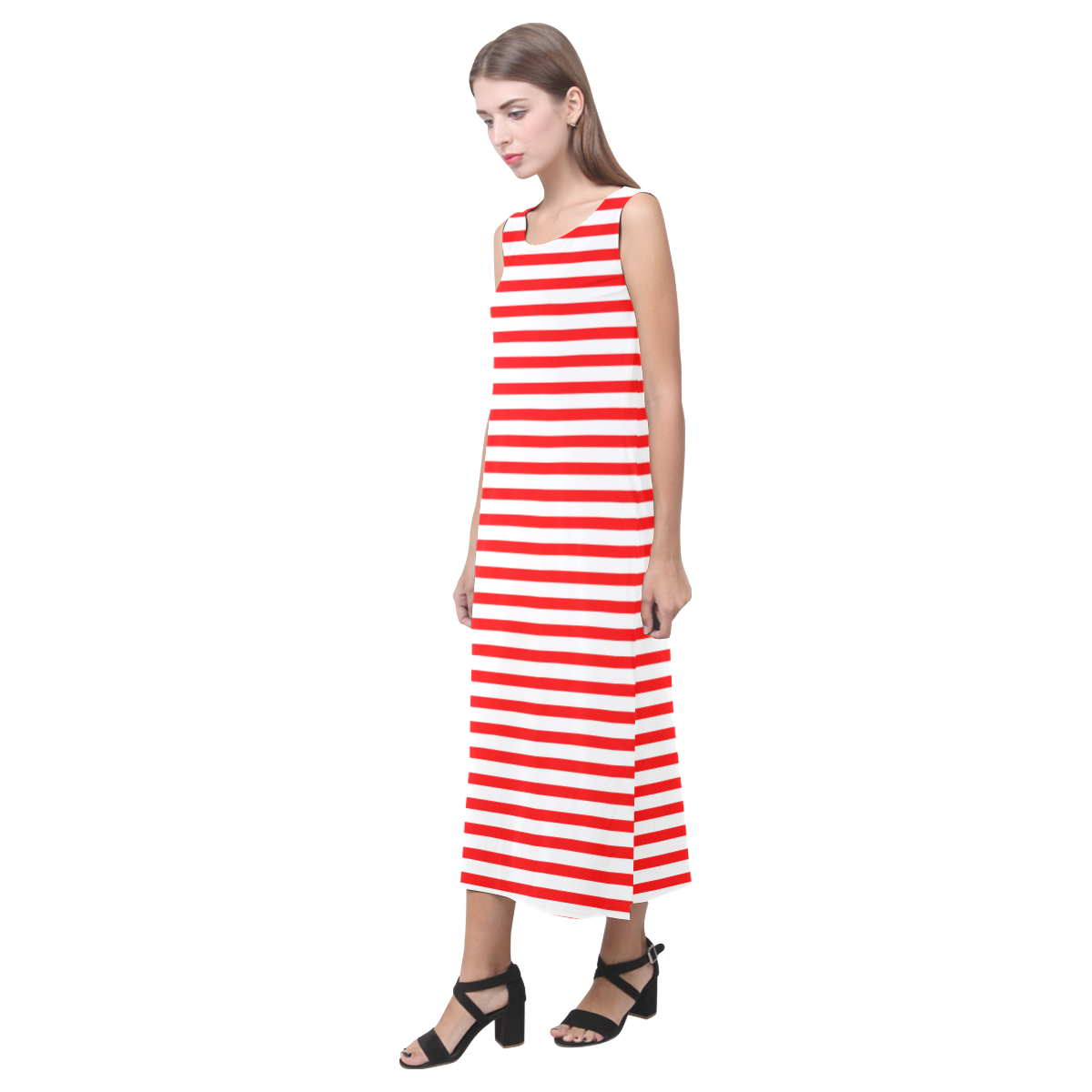 Horizontal Red Candy Stripes Phaedra Sleeveless Open Fork Long Dress (Model D08)