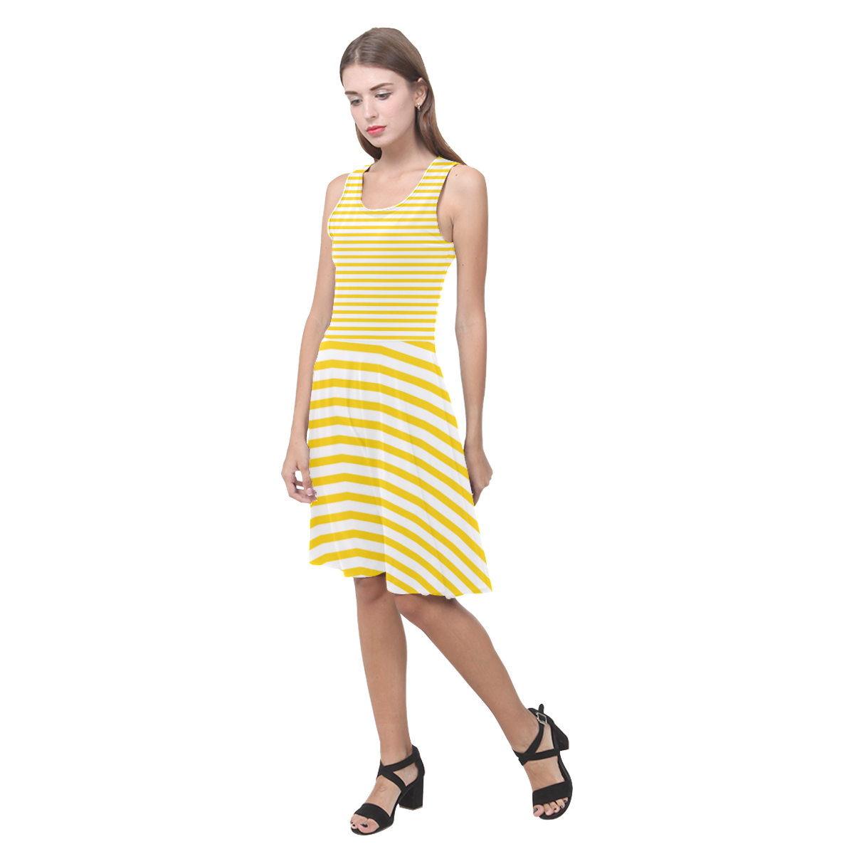 Horizontal Yellow Candy Stripes Atalanta Casual Sundress(Model D04)