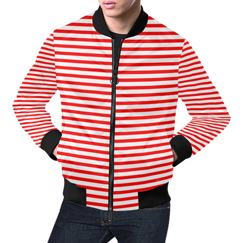 Horizontal Red Candy Stripes All Over Print Bomber Jacket for Men (Model H19)