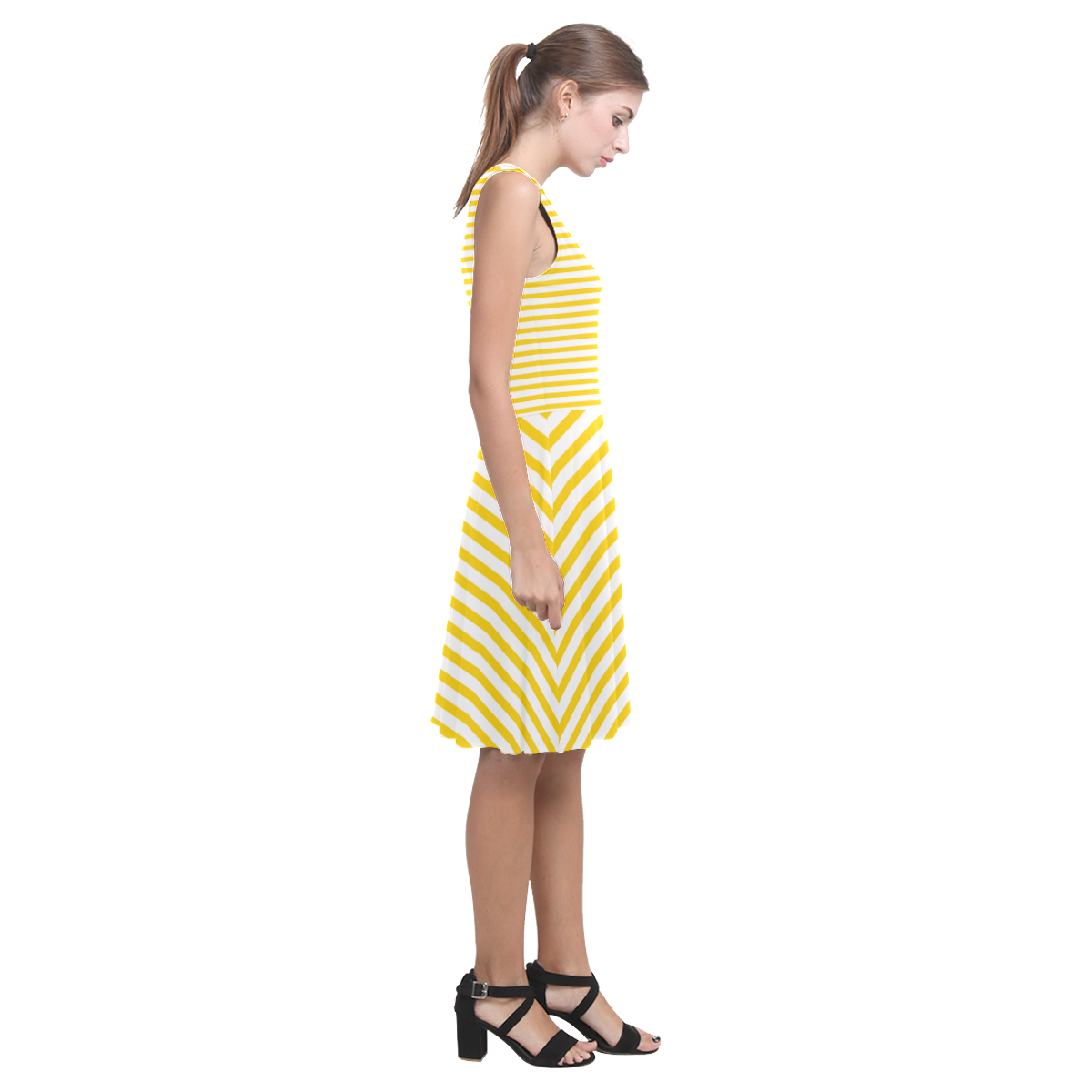 Horizontal Yellow Candy Stripes Atalanta Casual Sundress(Model D04)