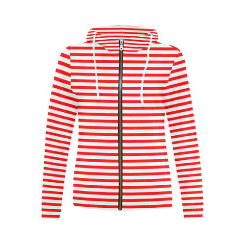 Horizontal Red Candy Stripes All Over Print Full Zip Hoodie for Women (Model H14)