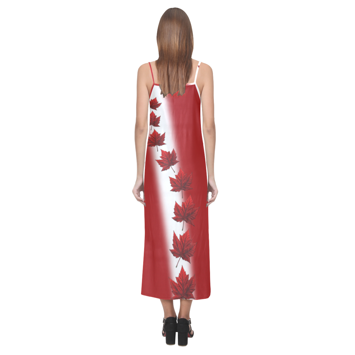 Canada Flag Dresses - Long V-Neck Open Fork Long Dress(Model D18)