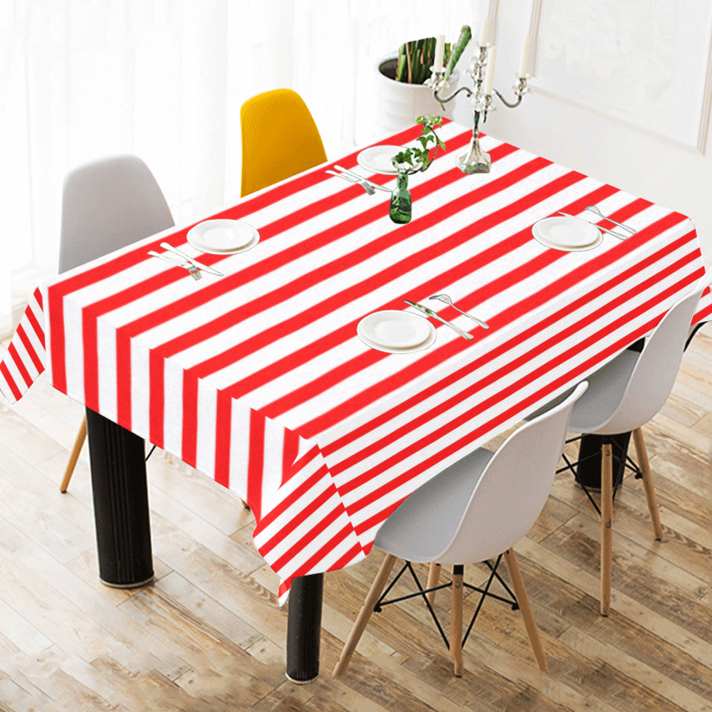Horizontal Red Candy Stripes Cotton Linen Tablecloth 60" x 90"