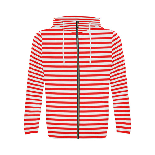 Horizontal Red Candy Stripes All Over Print Full Zip Hoodie for Men (Model H14)