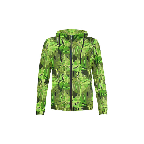 Tropical Jungle Leaves Camouflage All Over Print Full Zip Hoodie for Kid (Model H14)