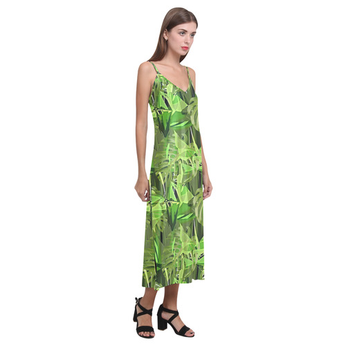 Tropical Jungle Leaves Camouflage V-Neck Open Fork Long Dress(Model D18)