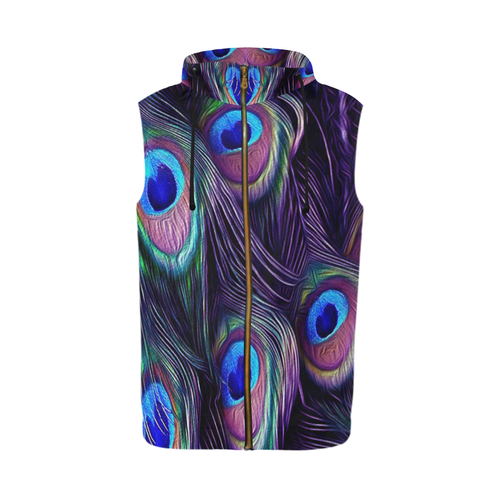 Peacock Feather All Over Print Sleeveless Zip Up Hoodie for Men (Model H16)