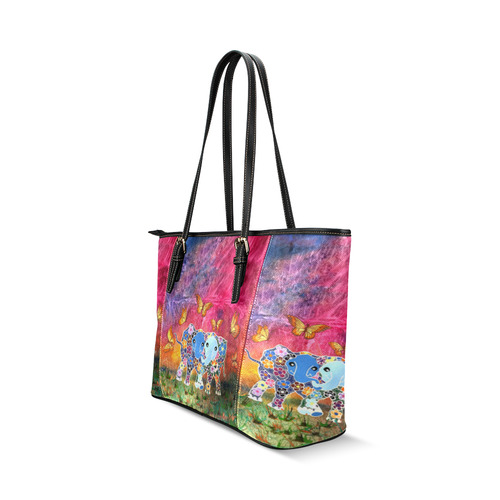 Dancing Elephants Small Leather Tote Bag (Model 1640) Leather Tote Bag/Small (Model 1640)