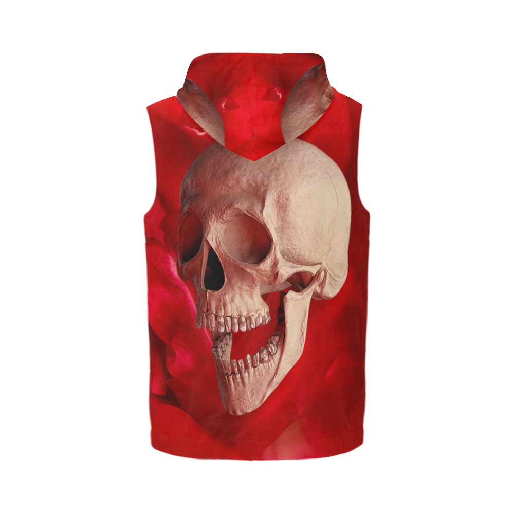 Funny Skull and Red Rose All Over Print Sleeveless Zip Up Hoodie for Men (Model H16)