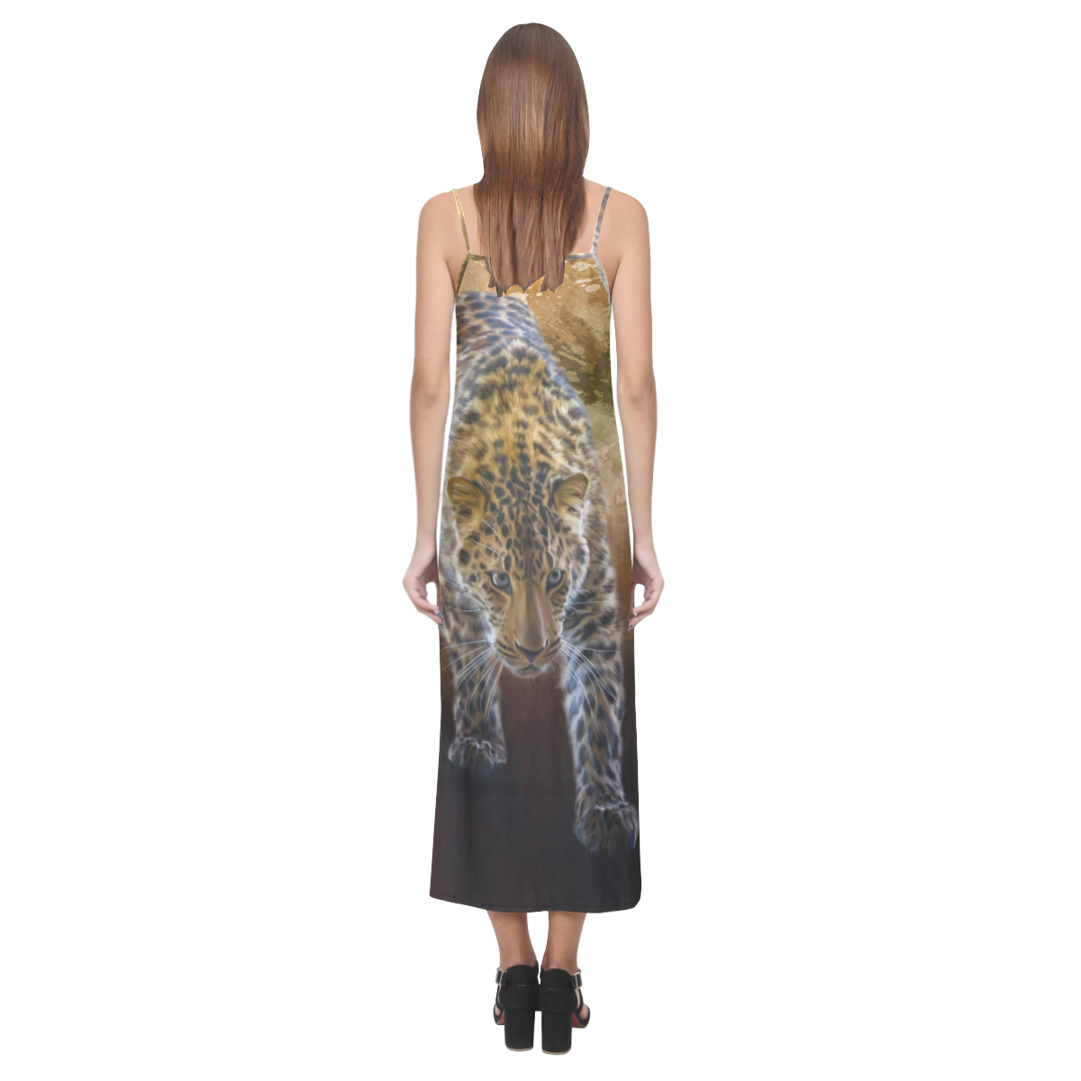 A fantastic painted russian amur leopard V-Neck Open Fork Long Dress(Model D18)