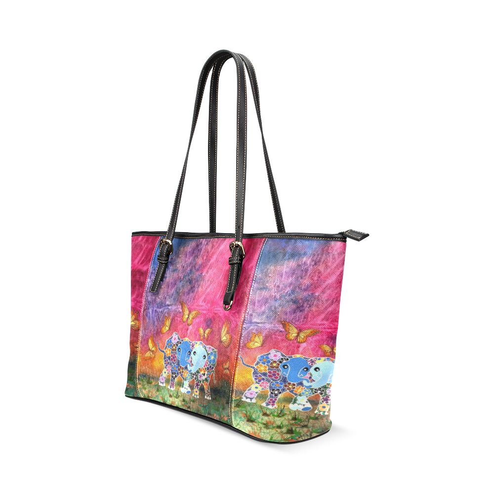 Dancing Elephants Small Leather Tote Bag (Model 1640) Leather Tote Bag/Small (Model 1640)