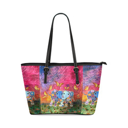 Dancing Elephants Small Leather Tote Bag (Model 1640) Leather Tote Bag/Small (Model 1640)