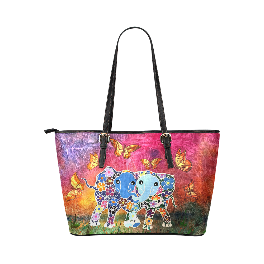 Dancing Elephants Large Leather Tote Bag (Model 1651) Leather Tote Bag/Large (Model 1651)