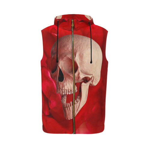 Funny Skull and Red Rose All Over Print Sleeveless Zip Up Hoodie for Men (Model H16)