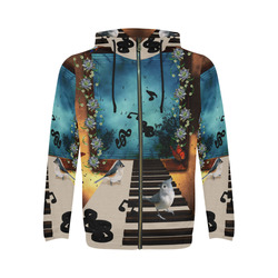 Music, birds on a piano All Over Print Full Zip Hoodie for Men (Model H14)