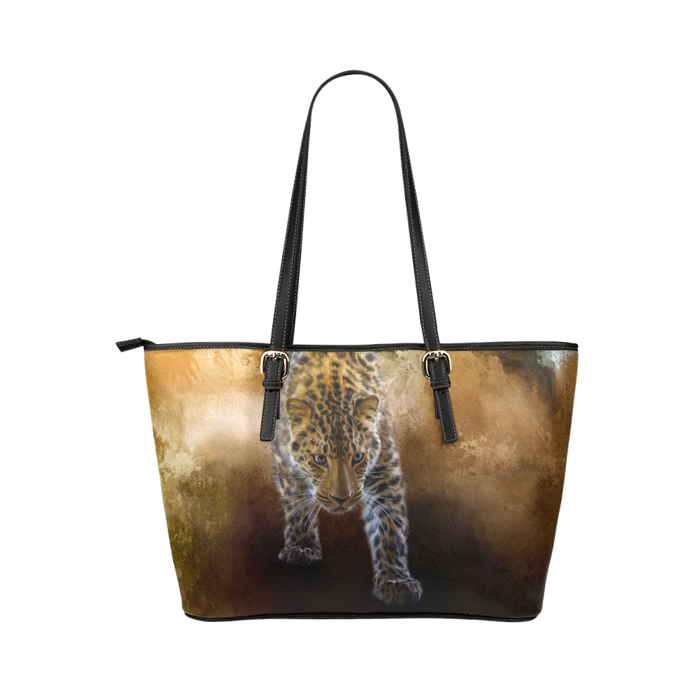A fantastic painted russian amur leopard Leather Tote Bag/Large (Model 1651)