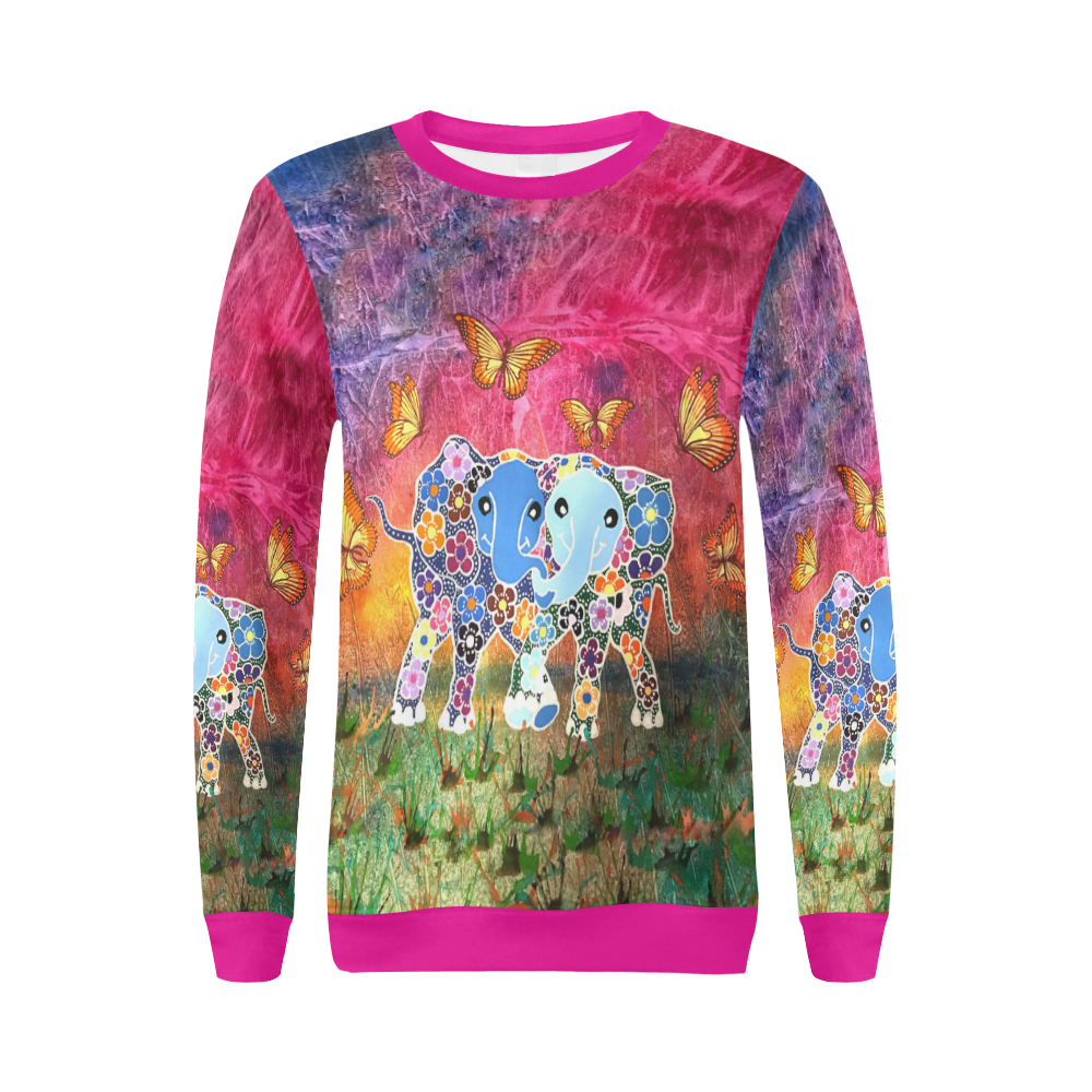 Dancing Elephants Women's Pink Trim Sweatshirt All Over Print Crewneck Sweatshirt for Women (Model H18)