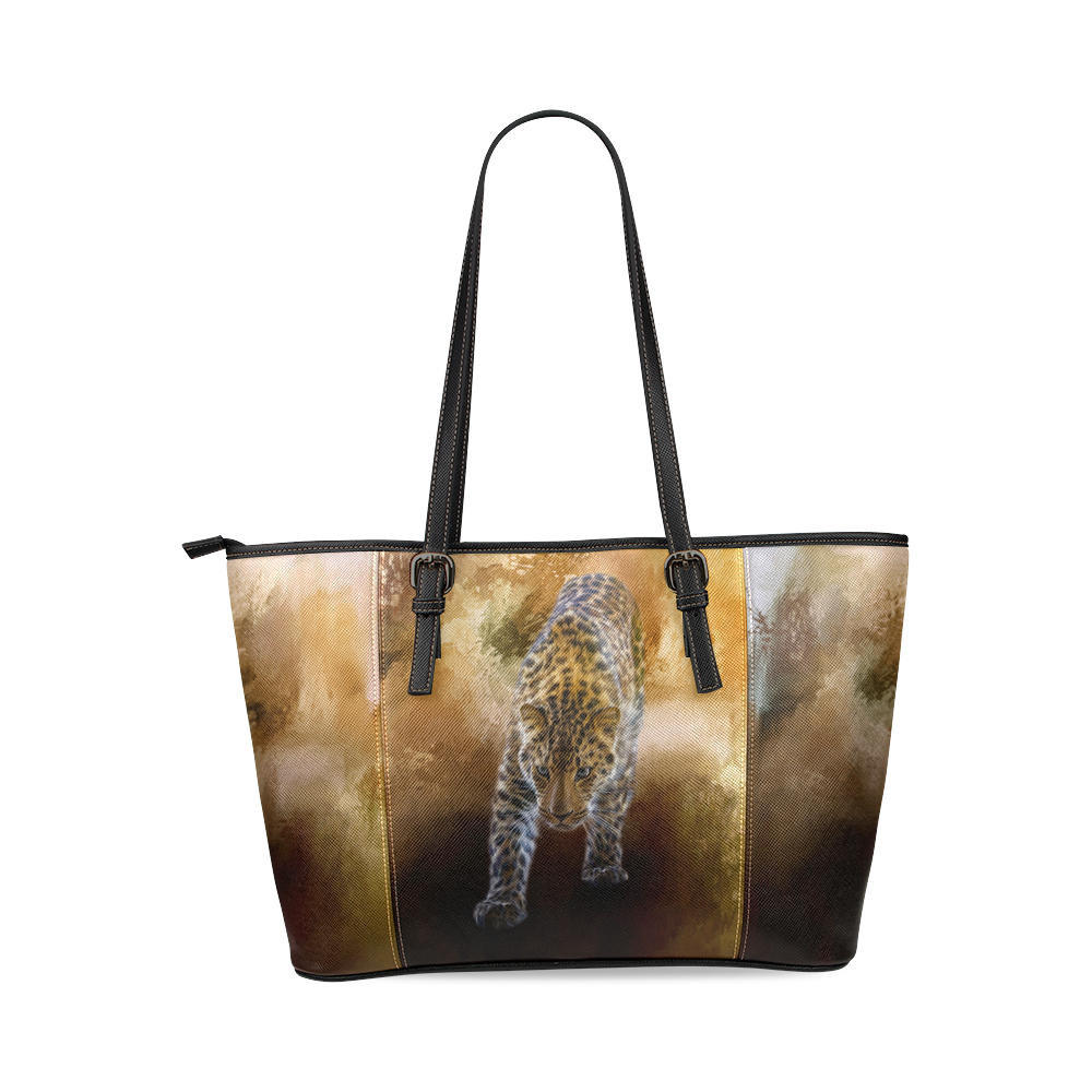 A fantastic painted russian amur leopard Leather Tote Bag/Large (Model 1640)