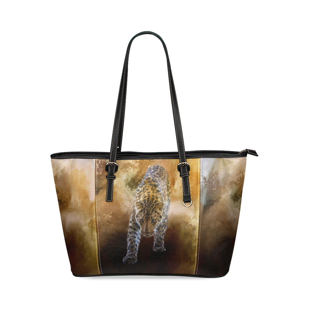 A fantastic painted russian amur leopard Leather Tote Bag/Large (Model 1640)