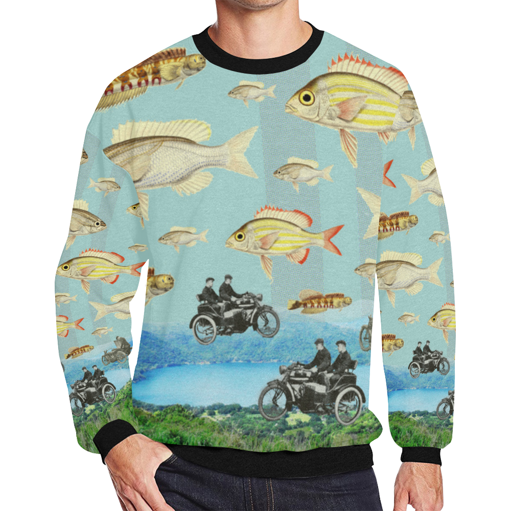 VINTAGE MOTORCYCLES AND COLORFUL FISH... IN THE MOUNTAINS Men's Oversized Fleece Crew Sweatshirt (Model H18)