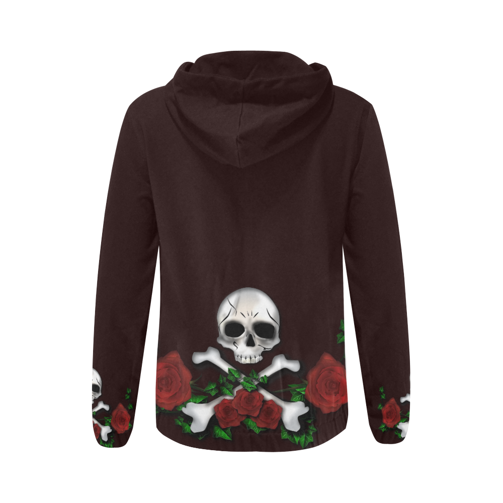 Skull Roses-Brown All Over Print Full Zip Hoodie for Women (Model H14)