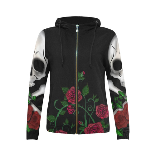 Skull Roses -2 All Over Print Full Zip Hoodie for Women (Model H14)