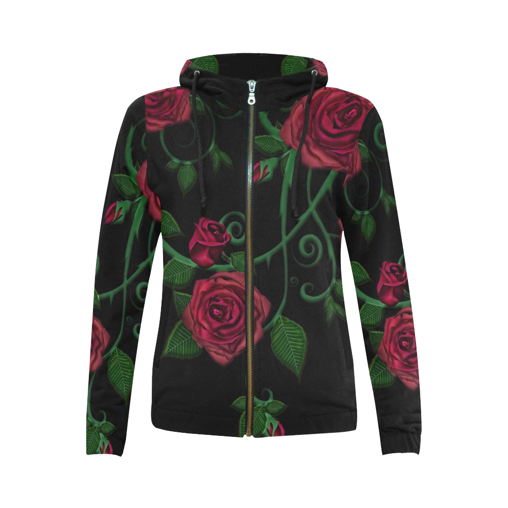Roses All Over Print Full Zip Hoodie for Women (Model H14)