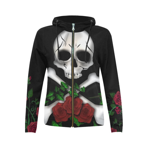 Skull Roses All Over Print Full Zip Hoodie for Women (Model H14)