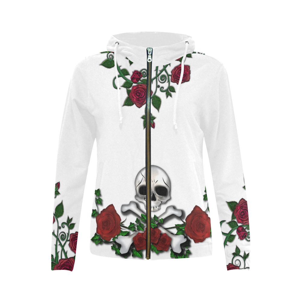 Skull Roses- WHITE All Over Print Full Zip Hoodie for Women (Model H14)